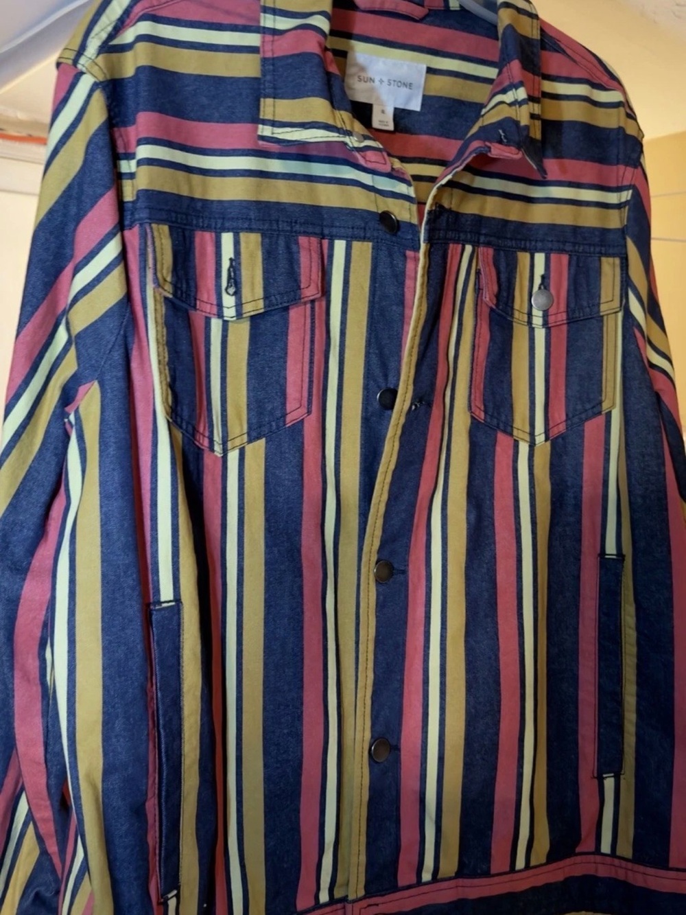 Sun + Stone Multicolor Striped Button-Up Shirt Jacket in Navy, Mustard & Rust